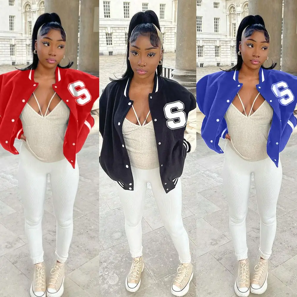 

Echoine Jacket Casual Autumn Winter Outwear Coat Letter Print Long Sleeve Short Jacket Women Baseball Hip Hop Bomber Oversize