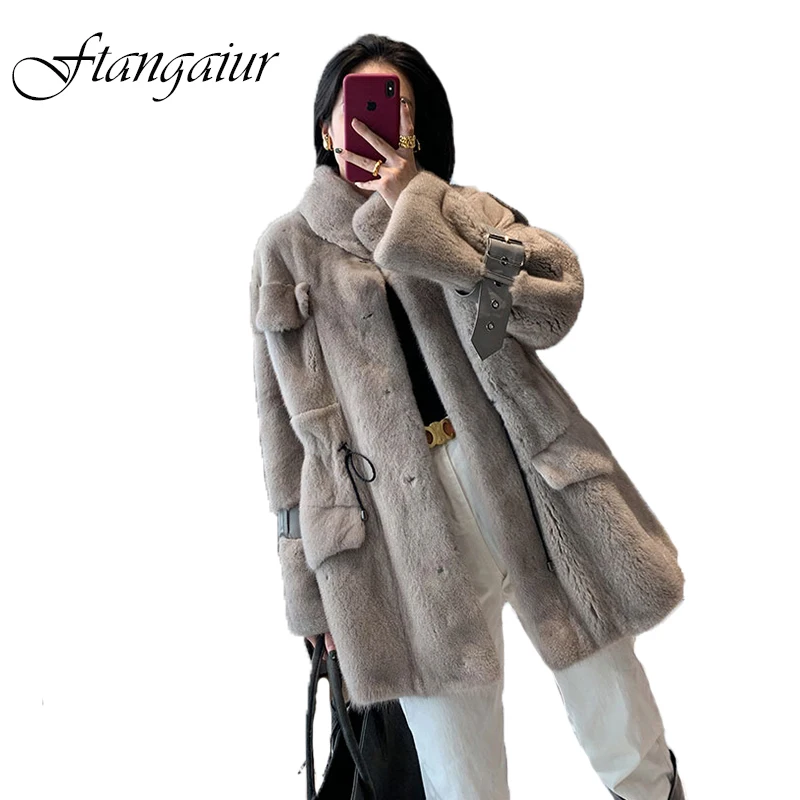 

Ftangaiur New Winter Import Purple Label Velvet Mink Fur Coat Pure Color Turn-Down Collar Women Short Real Mink Fur Coats