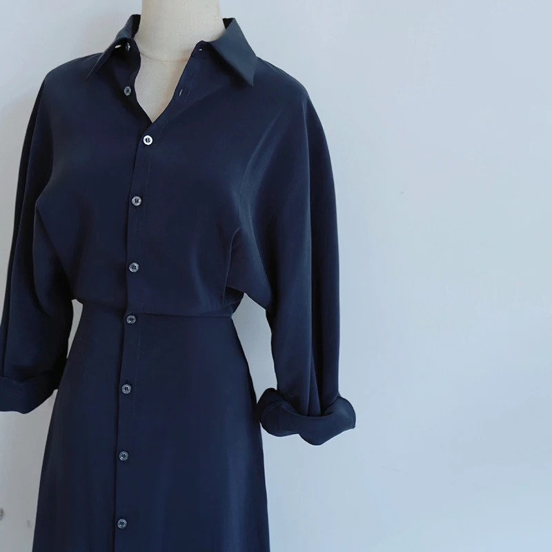 

GALCAUR Single Breasted Black Dress For Women Lapel Collar Puff Short Sleeve High Waist Minimalist Solid Mid Dresses Female 2021