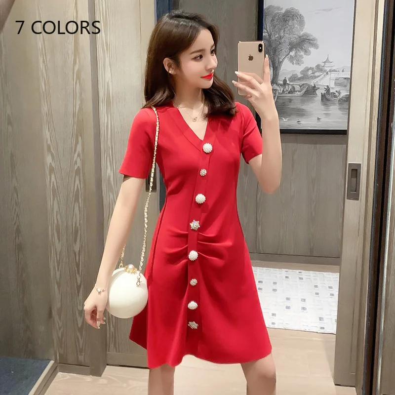 Вязаное черное летнее платье новинка 2020 V-образный вырез короткий рукав свитер