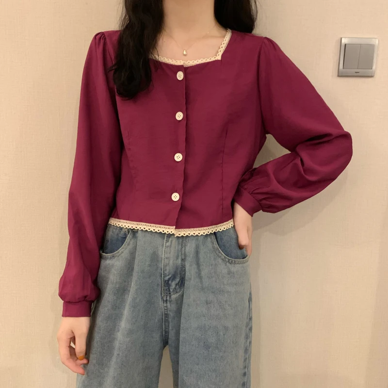 

Vintage Square Collar Black Shirts Fashion Patchwork Lace Long Sleeve Womens Tops and Blouses Casual Loose Hipster Autumn New