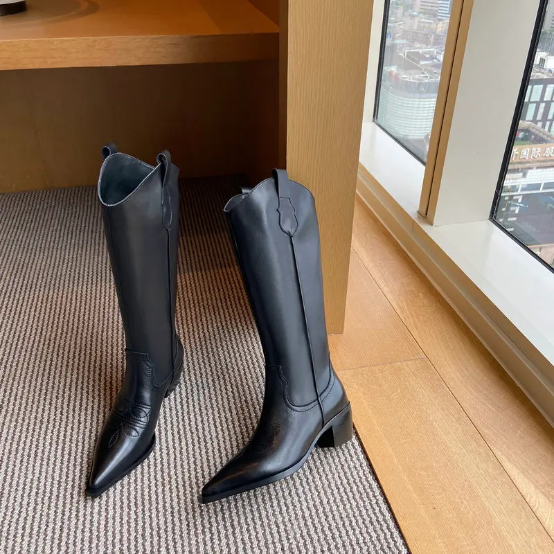 

High Quality 2020 New Genuine Leather Female Newest Western Boots Winter Warm Women Knee High Boots Dancing Shoes Woman