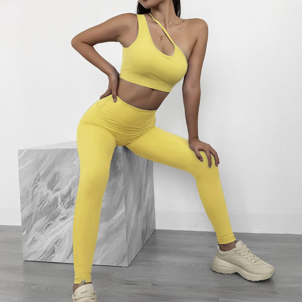 

Single Shoulder Sport Crop Top High Waist Solid Yoga Leggings 2 Pieces Set Women Fitness Running Clothes
