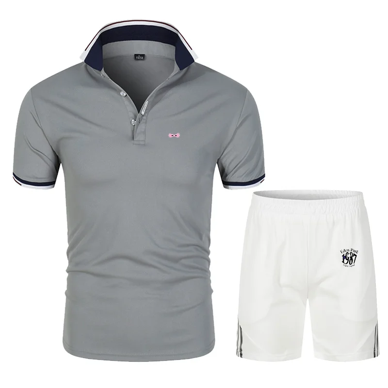 

2021 summer new brand men's POLO shirt high-quality ultra-thin breathable casual shirt + five-point pants two-piece sports suit