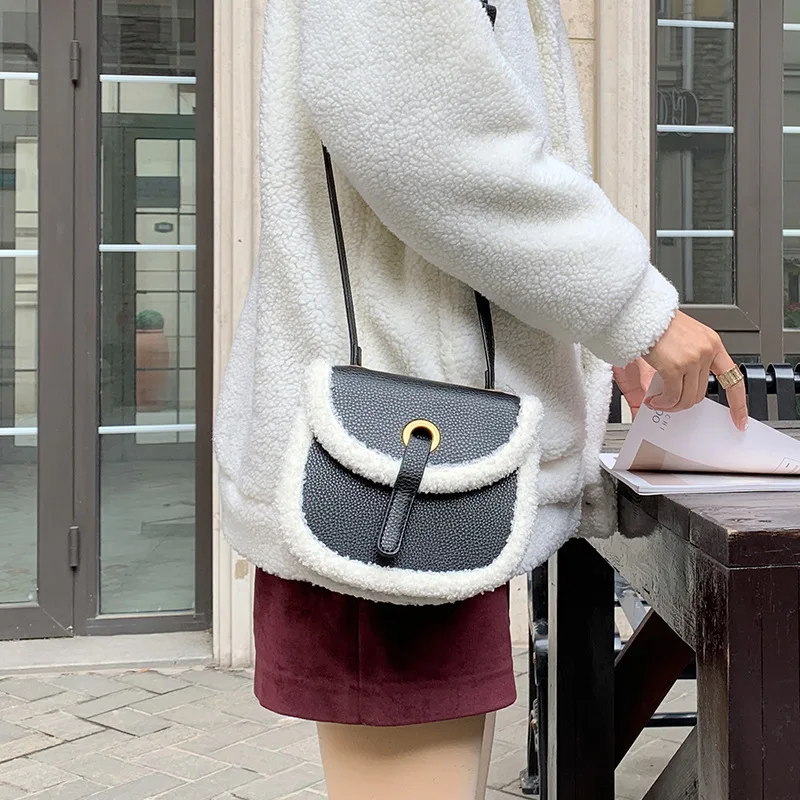 

Pu Leather Women Saddle Bag Winter New Lamb Wool Single houlder Messenger Bags Crossbody Bag For Ladies