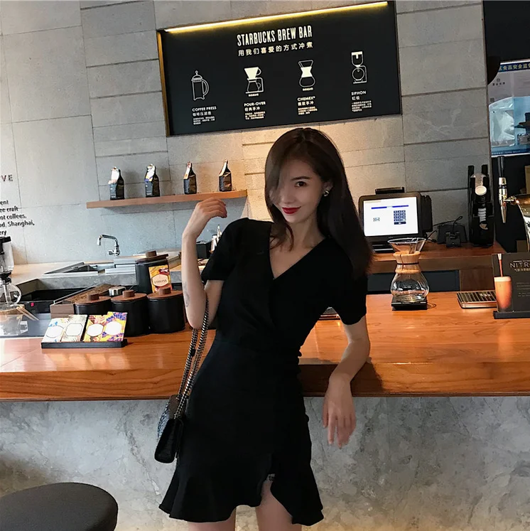 Womens's Irregular Dress Ladies Self-cultivation V Neck Short Sleeve Small Black High Waist Buttocks Female Dresses | Женская одежда