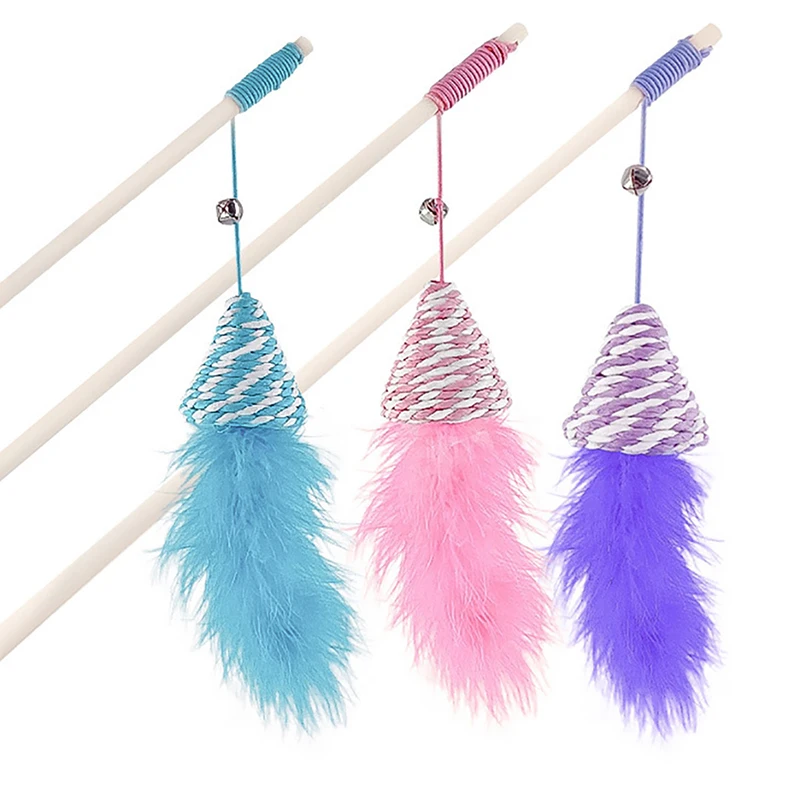 

1pc Hot Selling Cat Wand Fashion Fun Interactive Fake Feather Wooden Pole Kitten Teaser Pet Teaser Toy Cat Supplies 3 Colors