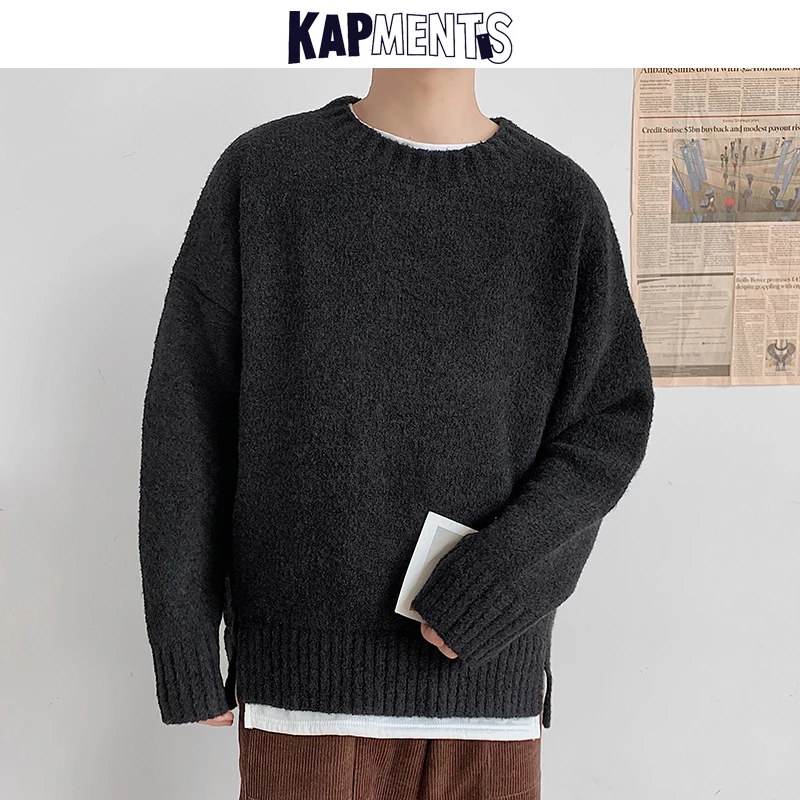 

KAPMENTS Harajuku Mens Solid Warm Knitted Sweaters Pullover 2022 Men Vintage Black Winter Sweater Couple Japanese Wool Sweaters