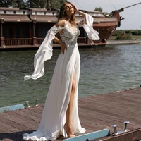 on sale summer beach chiffon wedding gowns lace illusion jewel neck off shoulder sleeve wedding dress for bride side slit