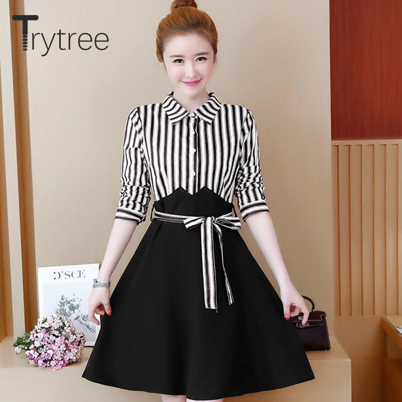 Trytree Spring Summer Dress Casual A-line Women Patchwork Stripe Shirt dresses Sashes Above Knee Turn-down Collar | Женская одежда