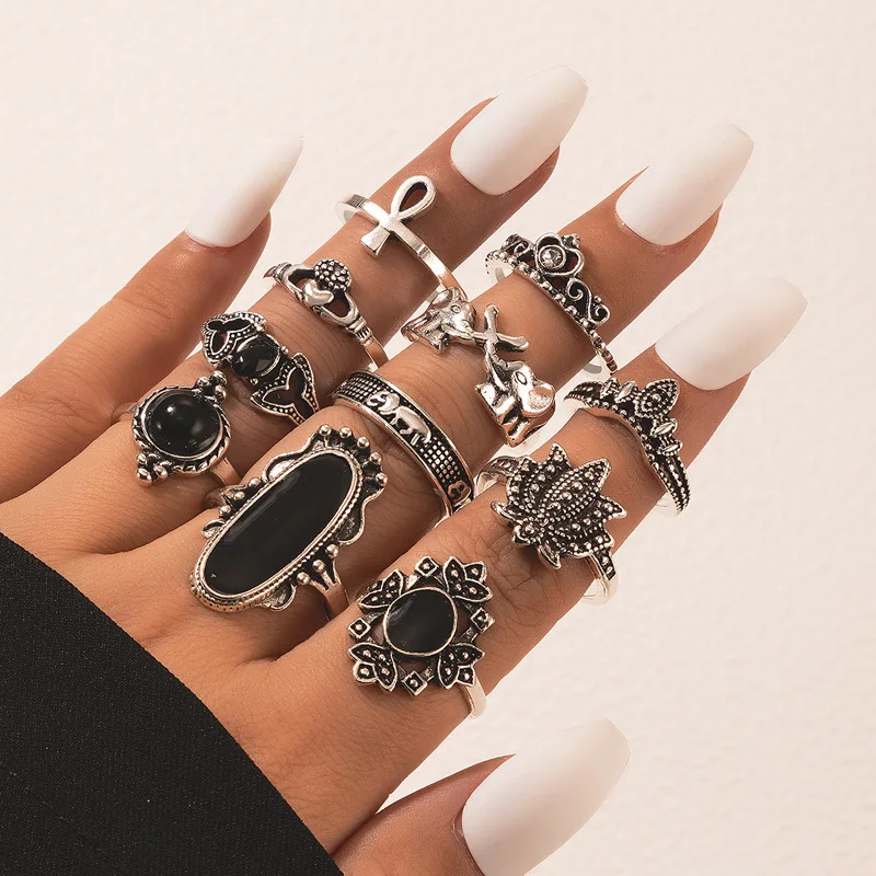 

HI MAN 11Pcs/Set Obsidian Geometric Elephant Fishtail Lotus Crown Ring Women Trend Rock Party Jewelry With Wholesale