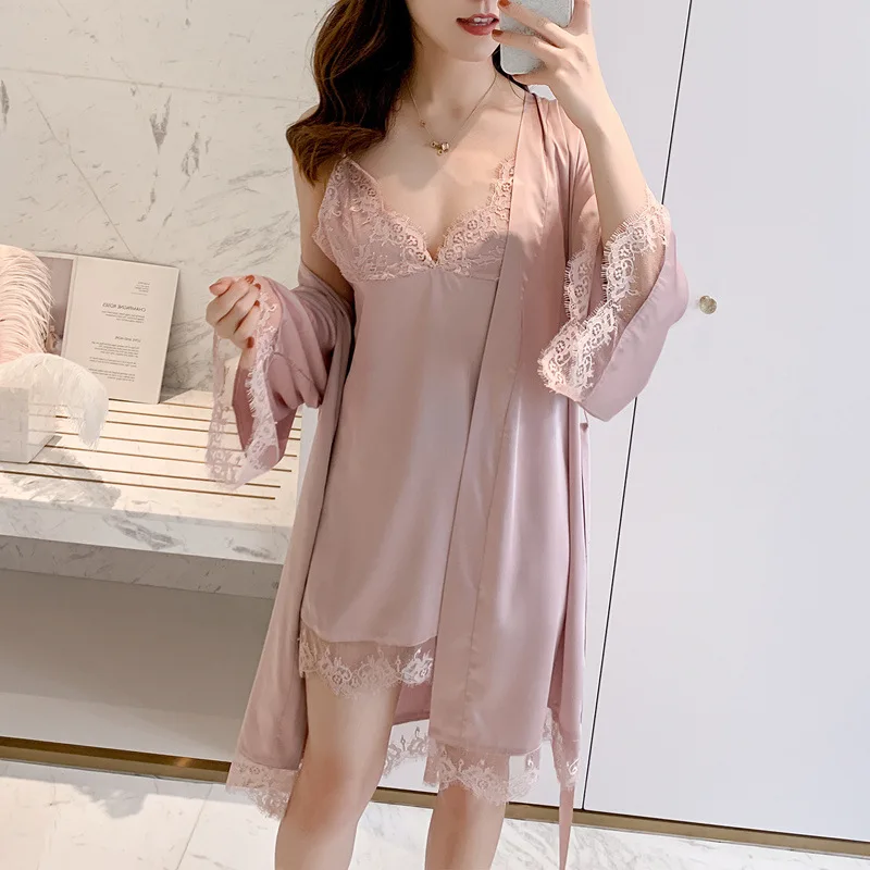 

Satin 2PCS Robe Set For Women Lace Kimono Bathrobe Gown Nightgown Silky Intimate Lingerie Casual Home Dressing Gown Homewear