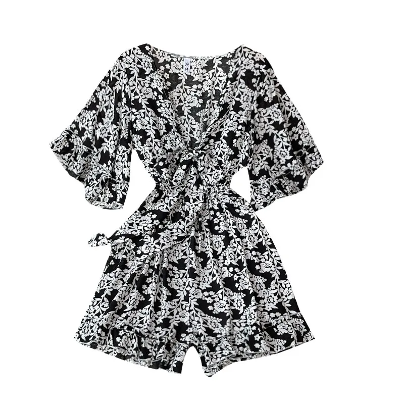 

Bohemian Girls Seaside Holiday Fashion Flared Sleeve V-neck Slim Belt Waist Ruffle Wide Leg Women's Shorts Jumpsuit Rompers