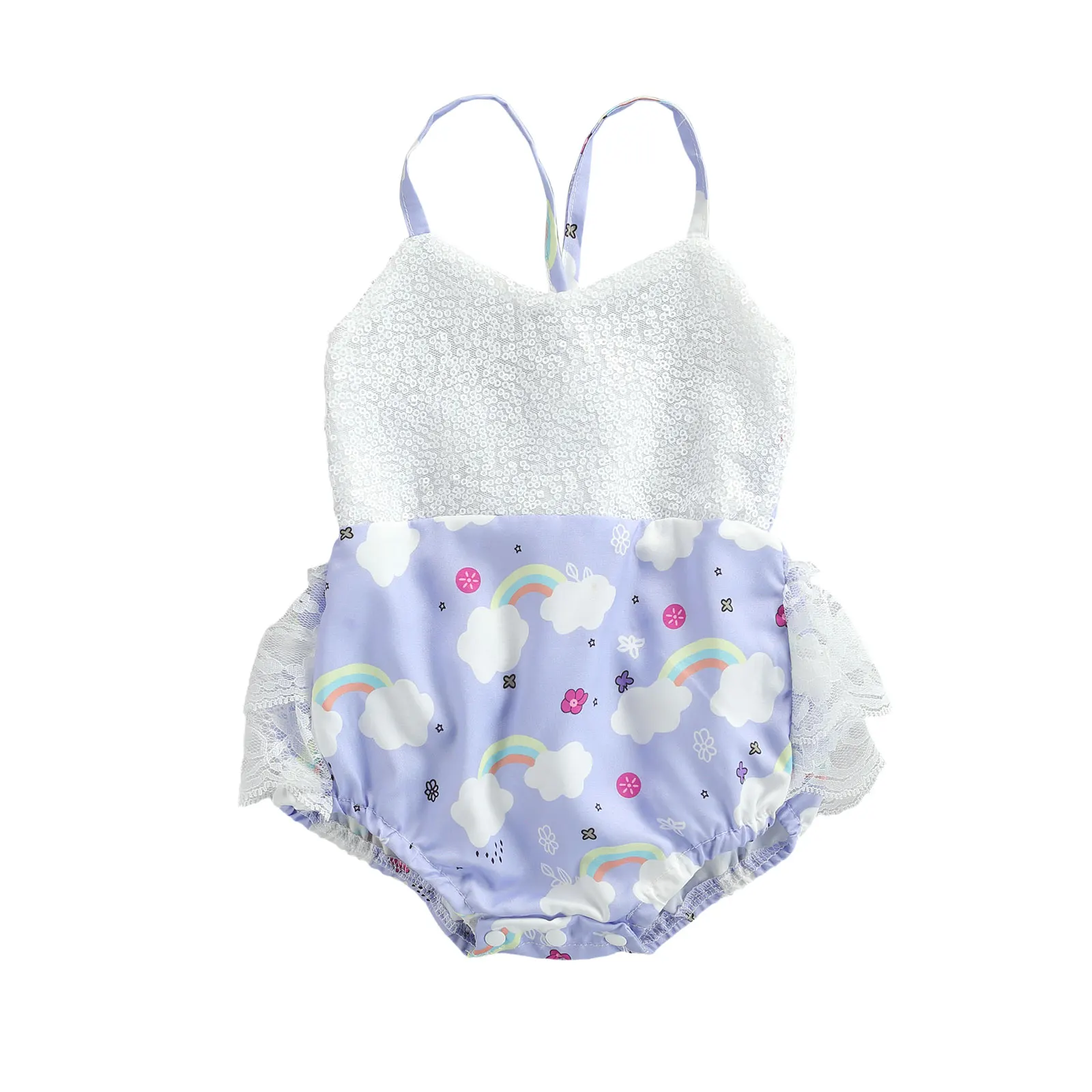 

Romper Fashion Rainbow Print Sequin Lace Stitching Backless Triangle Jumpsuits