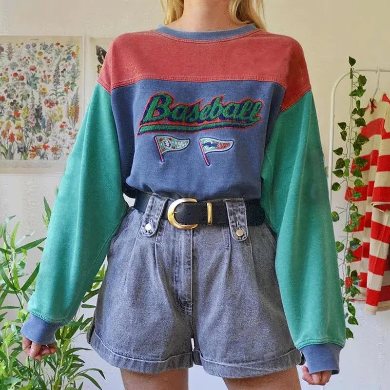 

2021 England Style Chic Colorblock Letter Print Crewneck Women Shirts Long Sleeve Pullover Casual Vintage Streetwear Autumn