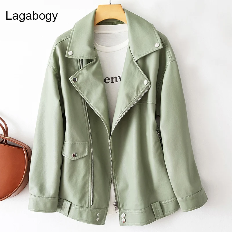 

Lagabogy Autumn Women PU Leather Jacket Loose Soft Faux Moto Biker Coat Female Zipper Rivet Vintage Turn Down Collar Outwear