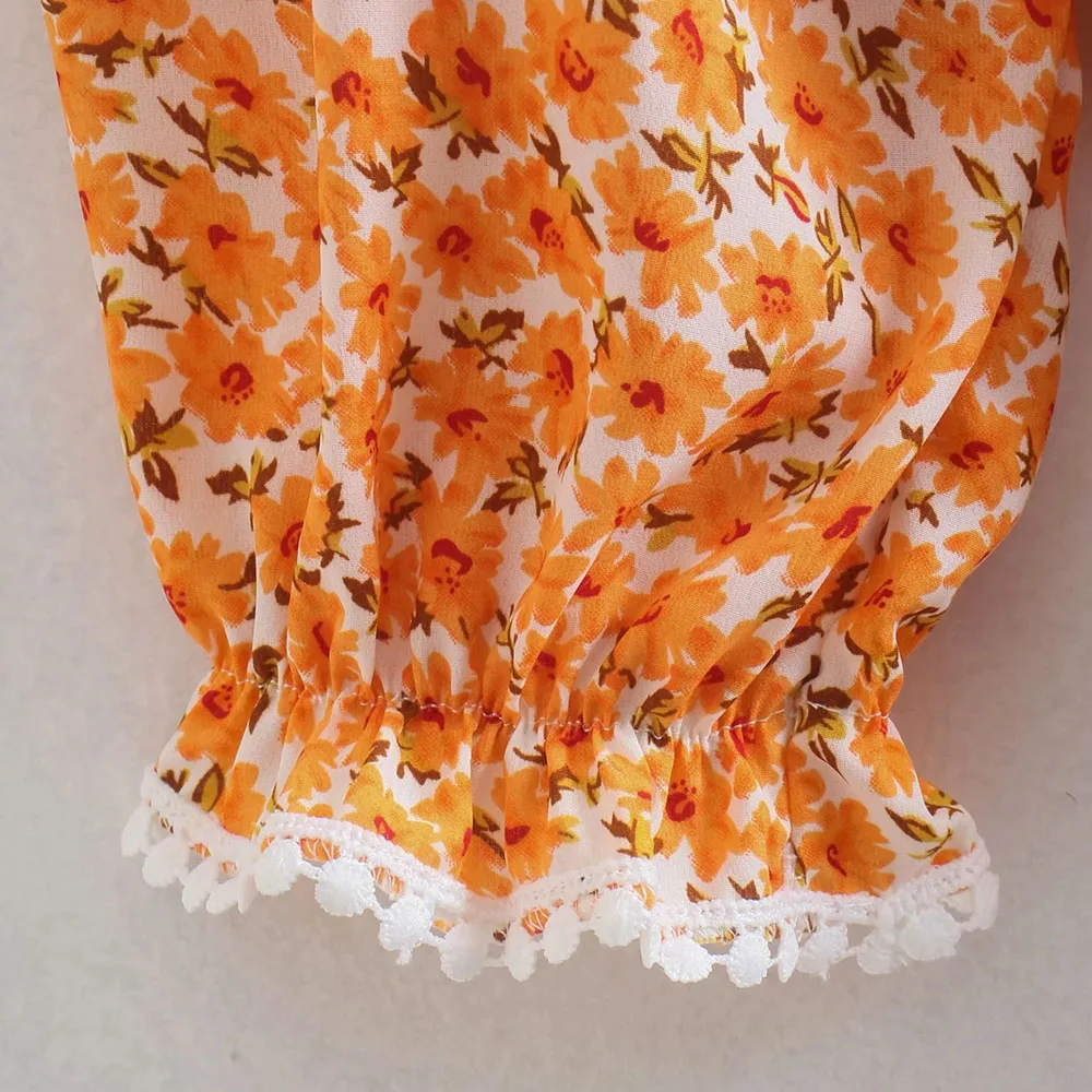 

Spring Summer Chic Lady Slash Neck Drawstring High Waist Za Orange Mini Dresses Women Fashion Floral Print Ruffles Dress