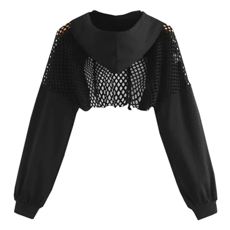 Black Hoodies For Women 2020 Hollow Out Crop Tops Mesh Patchwork Short Sweatshirt Long Sleeve Autumn And Pullovers | Женская одежда