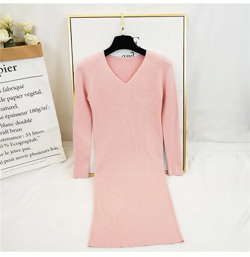 

New Autumn Winter Women Knitted Dress Sexy V Neck Sweater Dresses Lady Slim Bodycon Long Sleeve Bottoming Dress Vestidos