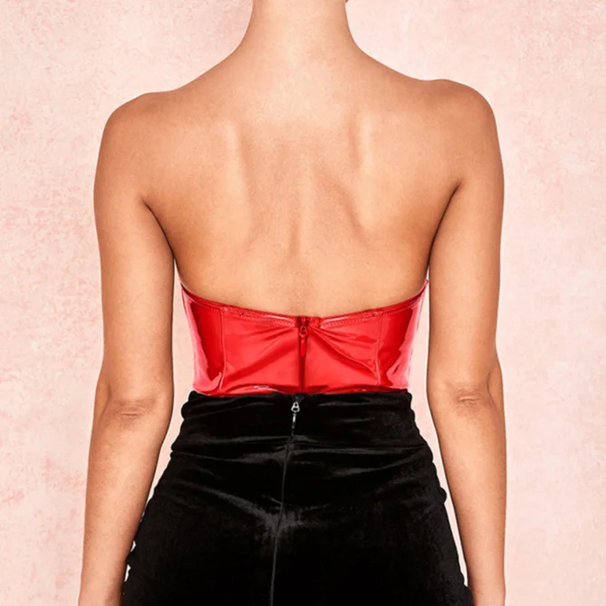 Пикантный Боди без бретелек из искусственной кожи однотонный лакированный боди