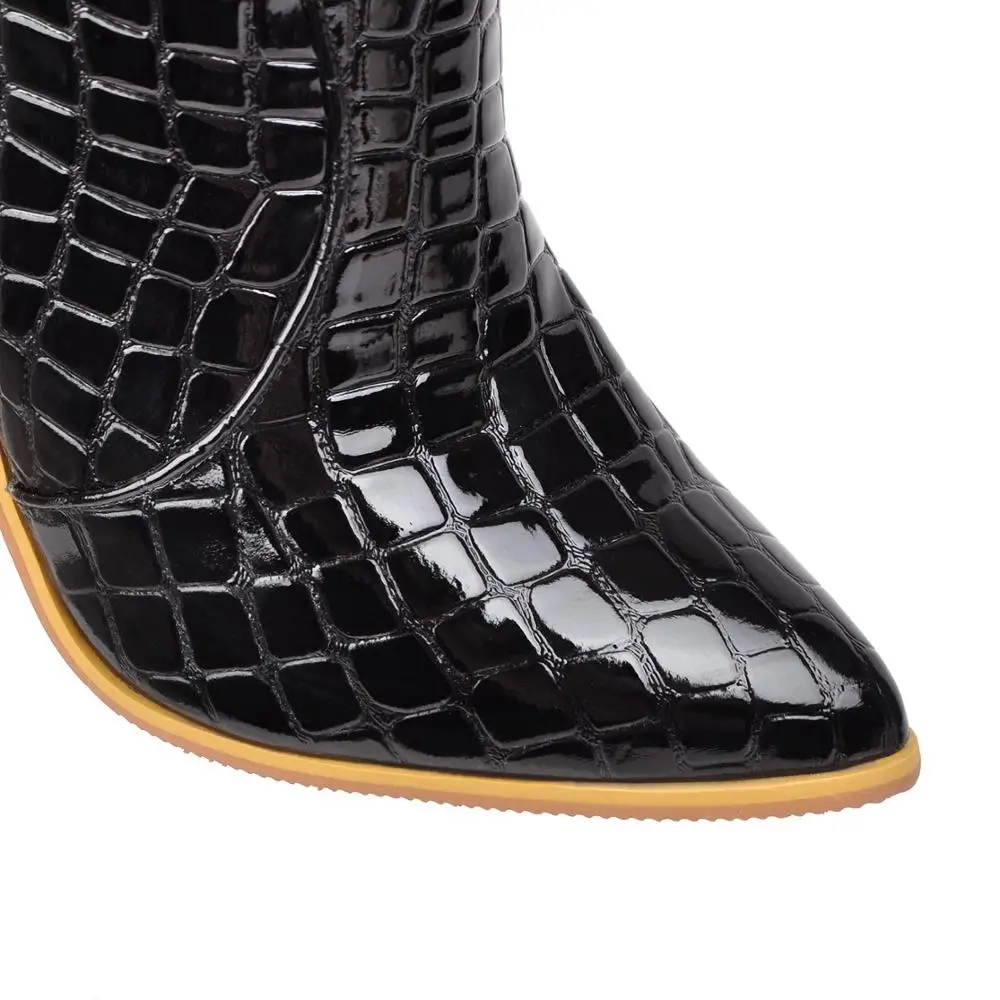 Модные тисненые женские кожаные ботильоны из микрофибры с острым носком