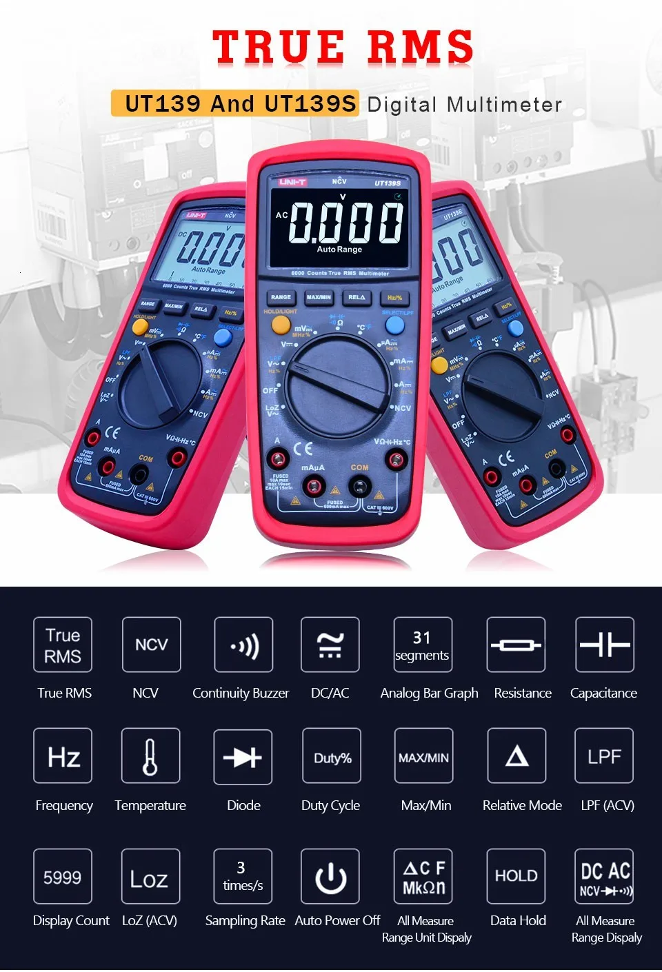 UNI-T UT139S Цифровой мультиметр True RMS AC DC Напряжение измеритель тока Сопротивление Емкость Частота Температура тестер LPF/NCV