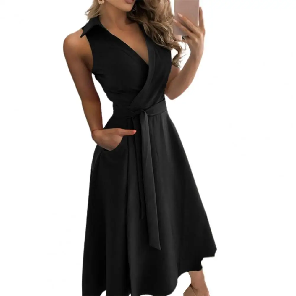 

Sexy Women Dress Solid Color Large Hem Sleeveless Deep V Neck Belt Long Dress for Party