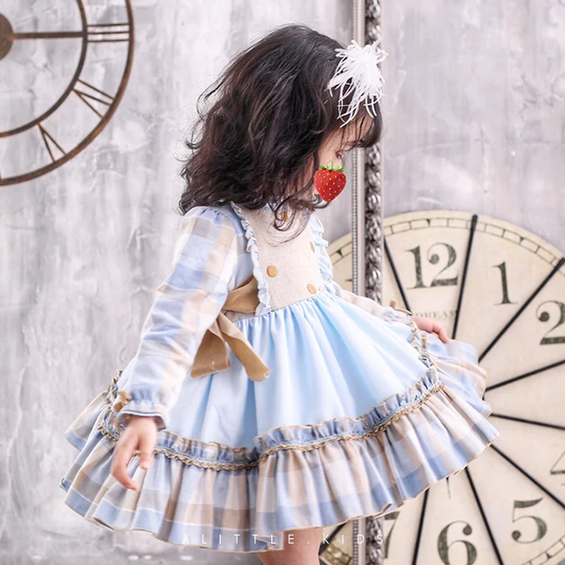 2020new Spanish Court Spring Summer Child Skirt Heavy Work Blue Lattice Girl Dress Birthday Princess Flower Dresses | Детская одежда и