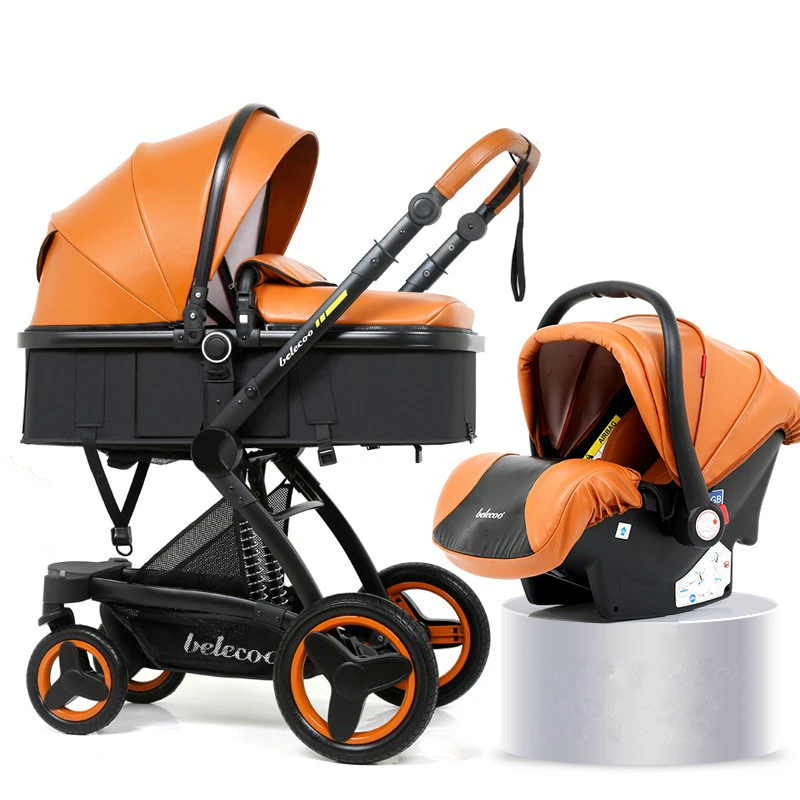 

3 in 1 Baby Stroller High-view Luxury Travel Pram Portable Bebe Carriages Two-way PU Leather Aluminum Alloy Frame For Newborn