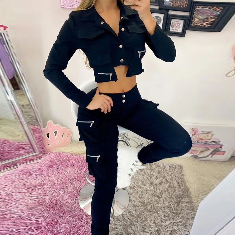 

Fall Women Overalls Two Piece Set Long Sleeve Crop Tops And Long Pants Fashion Balck Blue 2 Piece Set Clothes