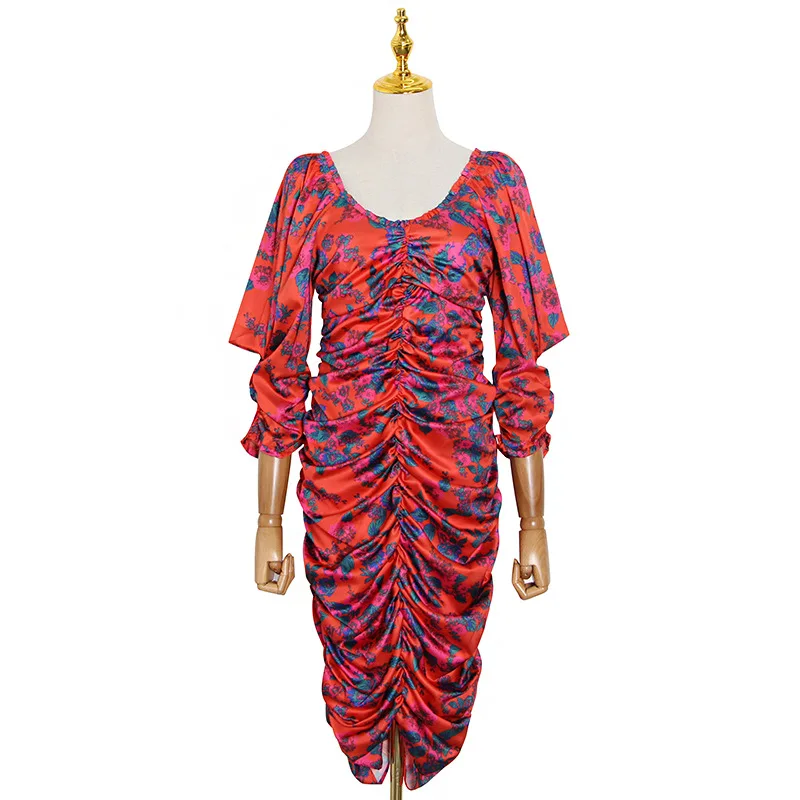 

French vintage print slim square collar bubble sleeve fold bag hip short dress