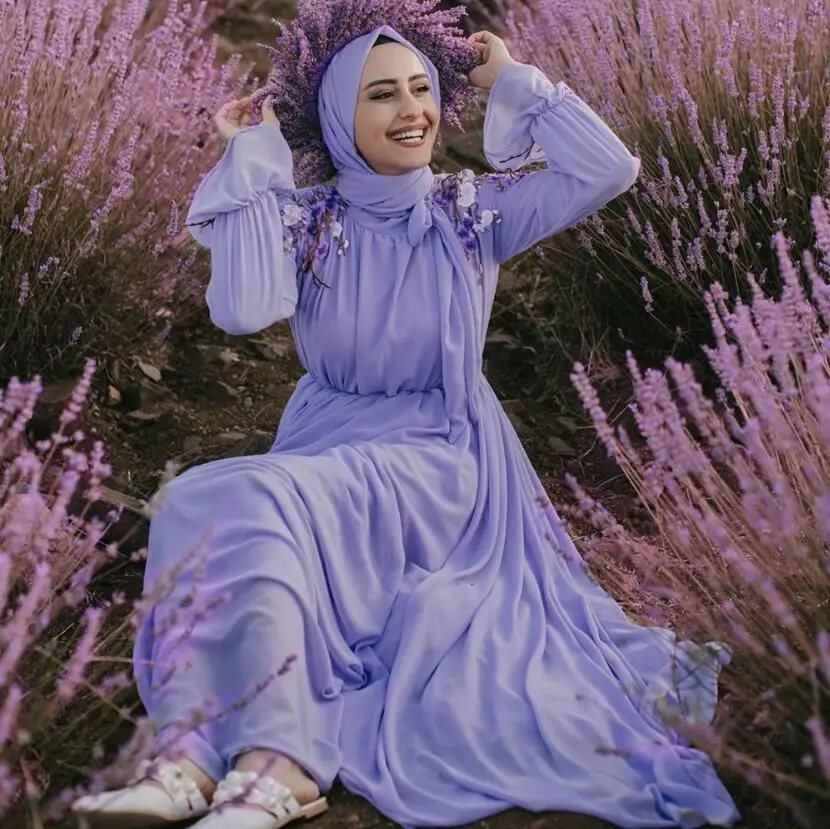 

Lavender Abaya Robe Kaftan Dubai Muslim Long Dress Islamic Embroidery Clothing Moroccan Caftan Turkey Hijab Evening Dresses uae