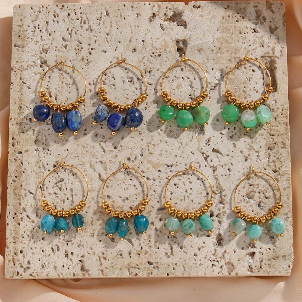 2022 New Natural Stone Africa Jade Lapis Amazonite Apatite Earrings Beads Gold Plated Charm Hoop Earrings For Lady