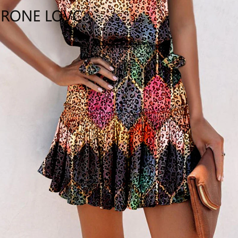 Женское мини-платье без рукавов с разноцветным принтом на тонких бретелях