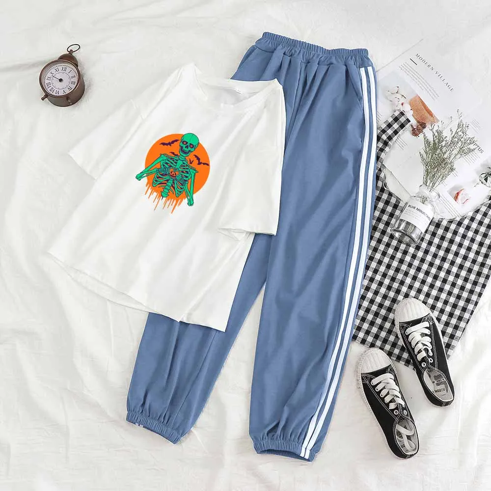

Skull Print 2 Pcs Set Women Trouser Suit Summer Punk Style Pants Sets 2021 Matching T Shirt Top Andlong Pants Women Tracksuit
