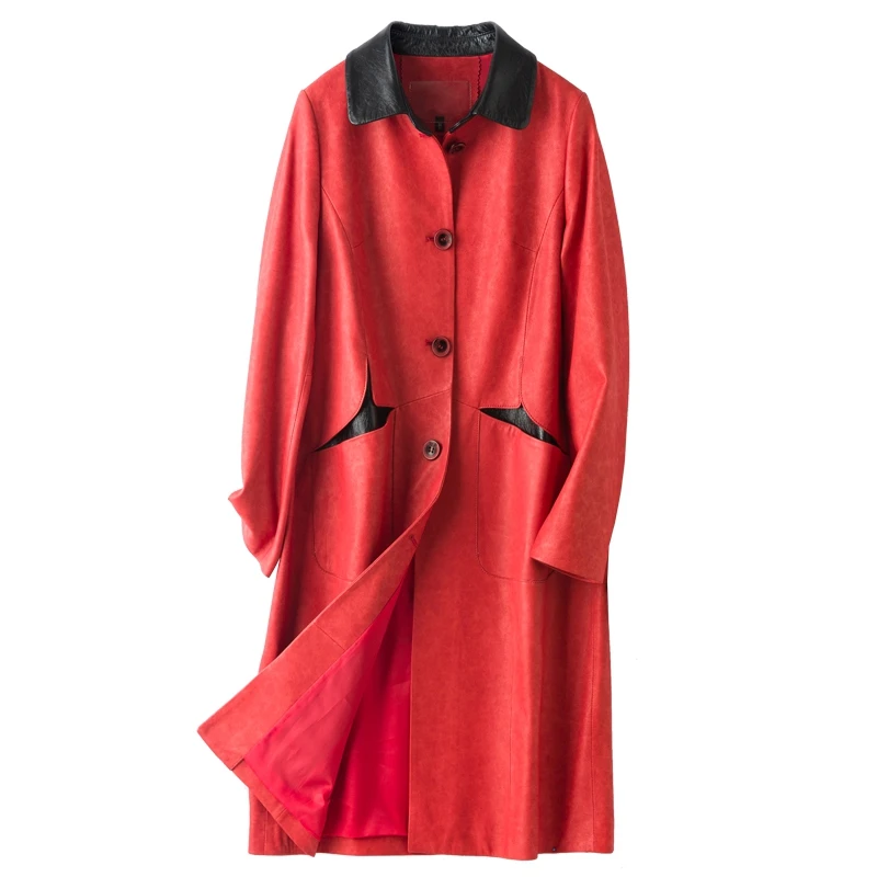 

Женский Длинный тренчкот из натуральной овечьей кожи, винтажный тренчкот из натуральной овечьей кожи, Весна-Осень 100%