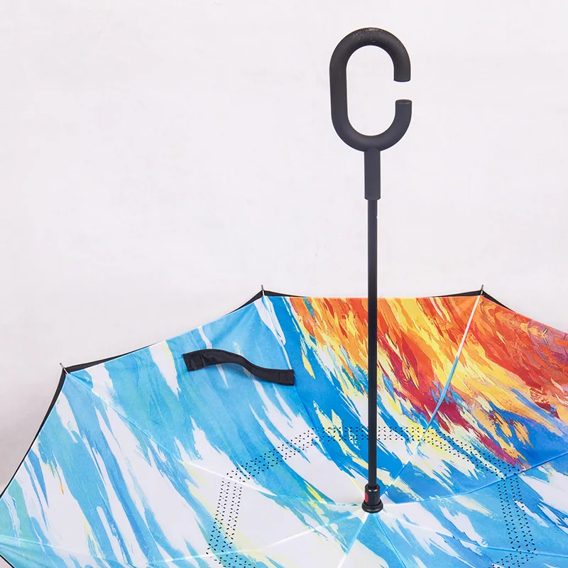 Ветрозащитный складной двухслойный женский зонт от дождя с ручкой C перевернутый