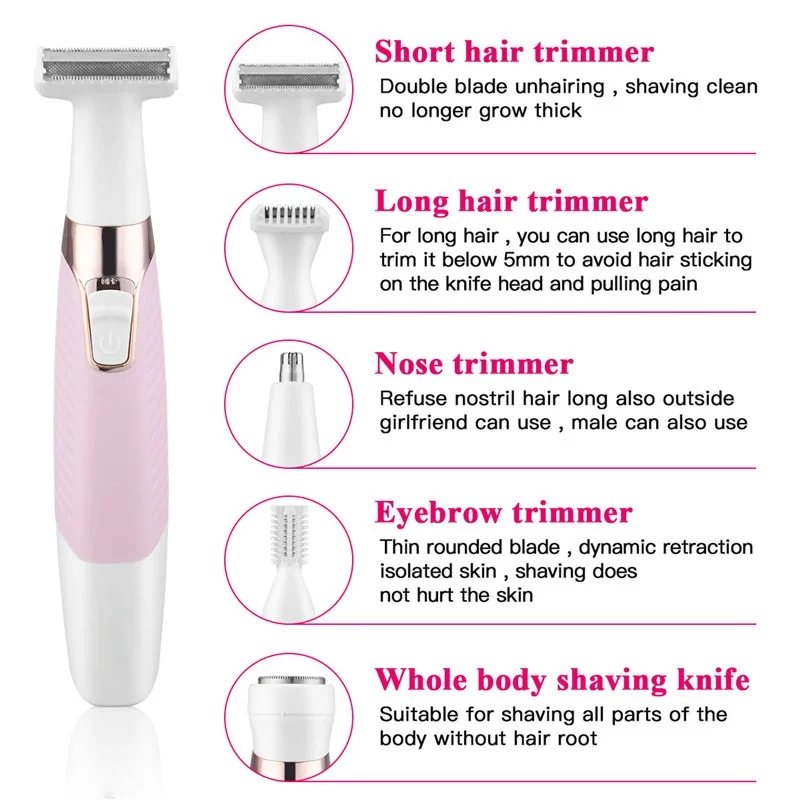 

5in1 Electric Women Shaver Eyebrow Nose Trimmer Lady Rechargeable Face Body Leg Armpit Bikini Back Hair Removal Washable