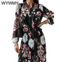 wywmy women floral print pleated chiffon dress summer casual v neck long sleeve elegant midi dress office lady dresses for women