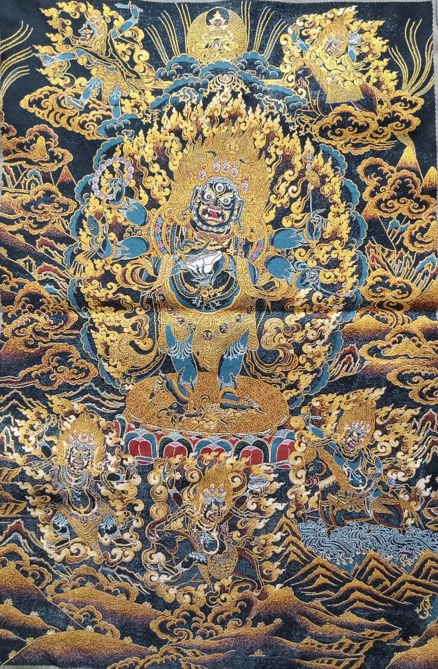 

36" Tibet Tibetan Embroidered Cloth Silk Buddhism Mahakala Wrathful Deity Tangka Thangka Mural Buddha Home Decor