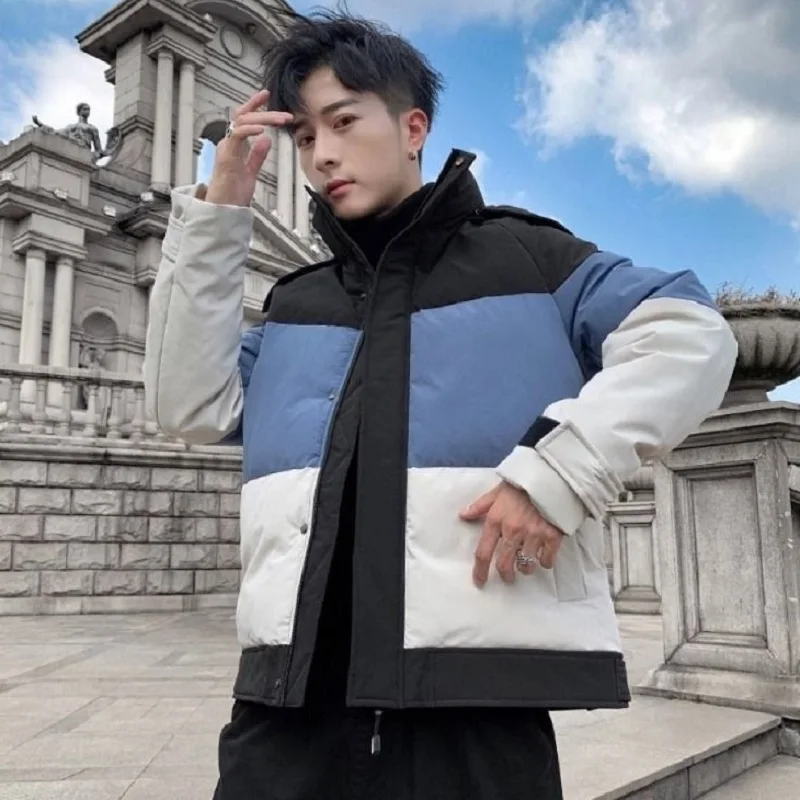 Men's Fashion Color Block Warm Cotton Jacket 2021 Winter Japanese Slim Fit Removable Hooded Cotton Jacket Coats for Men