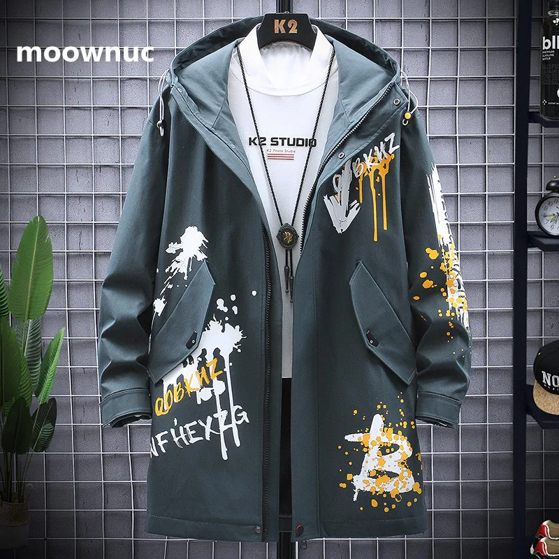 

2021 spring Men slim fit Windbreaker printing Hooded Jacket Trend Casual Coat male Men‘s Clothing youth trench coat size M-3XL