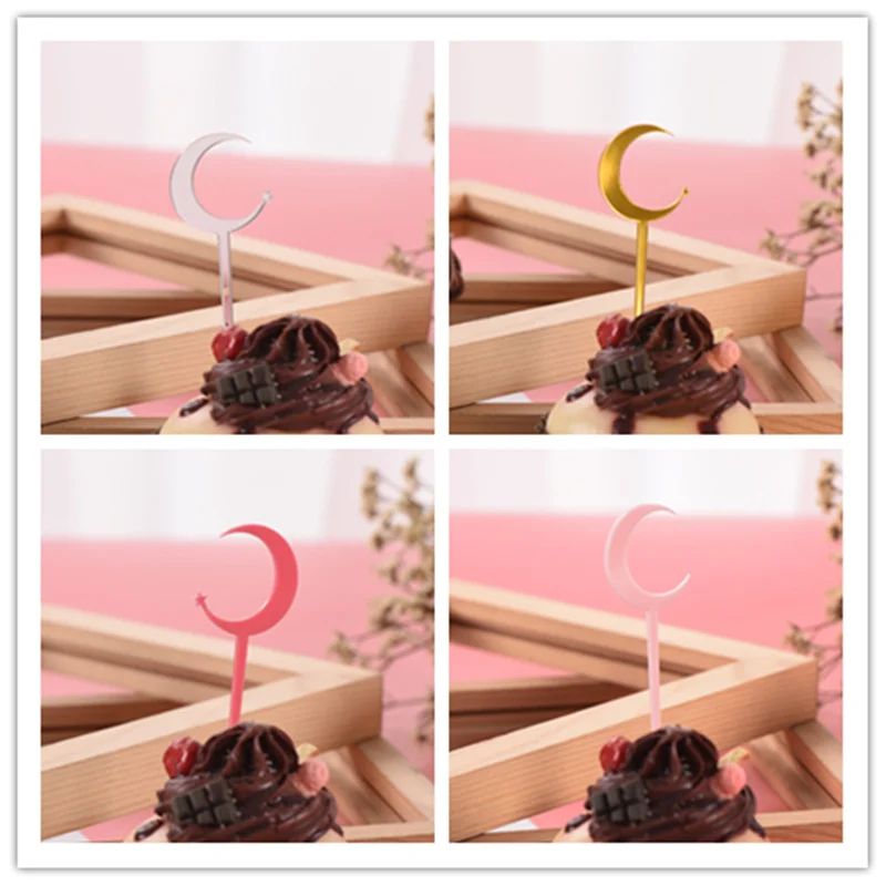 Акриловые золотой розовый милый Луна Форма Мультфильм Кубок торт Топпер флажки