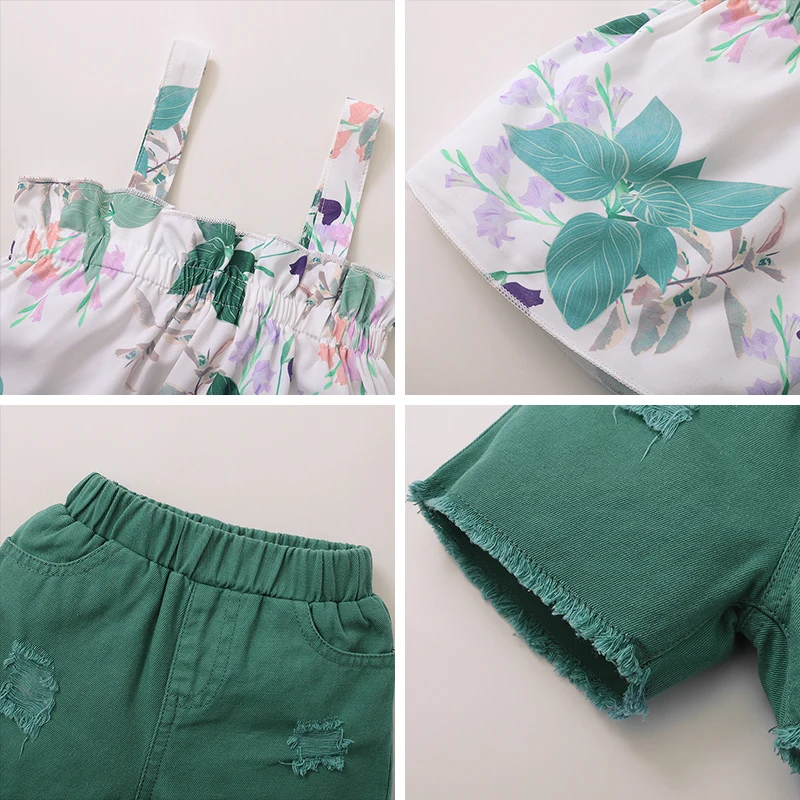 

Baby Girls Casual Clothes Set 2021 New Summer Toddler Suit Flower Leave Print Suspender Tops and Shorts 2Pcs Outfit 1-4Y