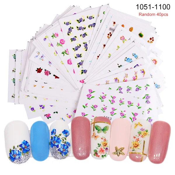 1051-1100 40Pcs Набор наклеек для ногтей переводные наклейки для воды смешанный дизайн цветок животное слайдер для маникюра ногтей украшение татуировки Советы LA830 - Цвет: 1051-1100 40Pcs