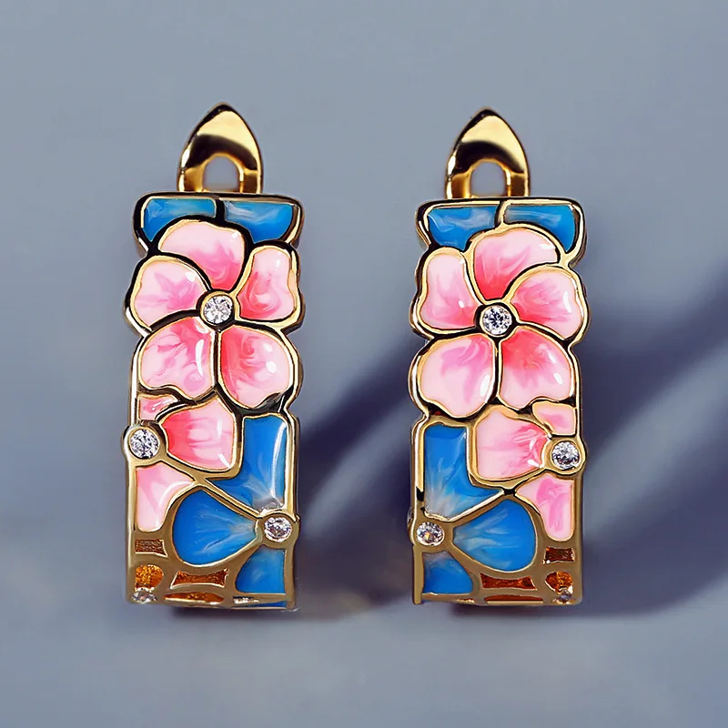 

2021 New Ladies 925 Silver Earrings Color Flower Earrings Peach Blossom Handmade Enamel Earrings Ladies Jewelry