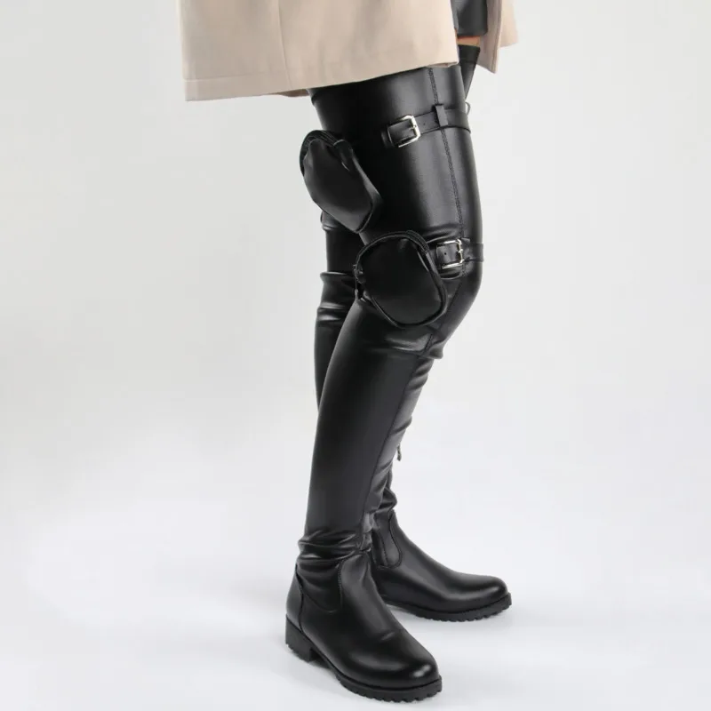 Brand Knee High Boots Pu Leather Low Heels Round Toe Pocket Bags Boots Women's Thigh High Boots 2021 Autumn Winter Women Shoes