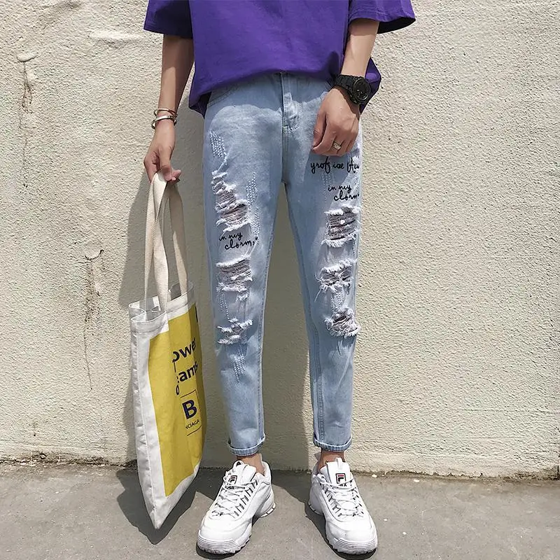 Super-hot oversized ripped jeans men's broken copper loose-fitting beggar South Korea scraped ninth pants pencil jeans for men
