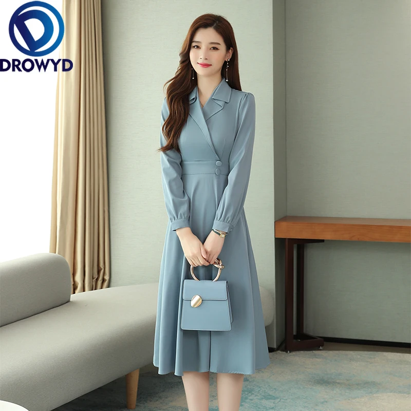 Женское Повседневное платье миди DROWYD синее офисное в стиле бохо с длинным