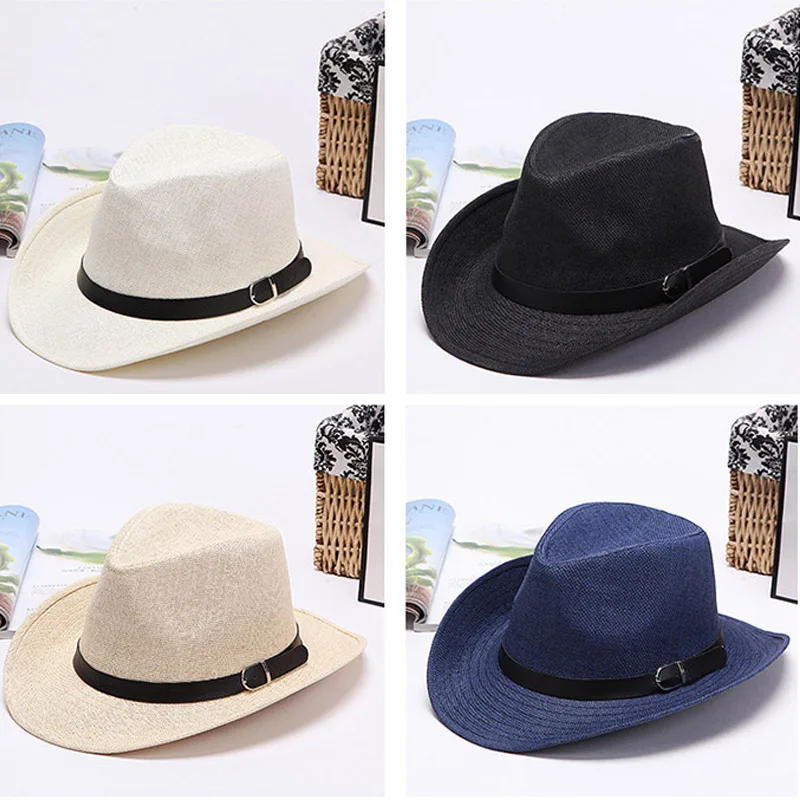 

Men Straw Cowboy Hat Classic Western Cowboy Sun Hats for Summer Beach -OPK